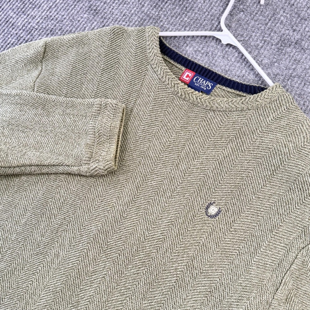 Chaps Sweater Mens Large Green Herringbone Knit Crewneck Cotton Pullover Logo
